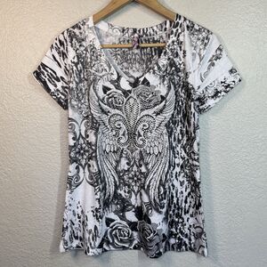 Y2K Otomix Top Women L White Embelished Graphic Tee Tattoo USA Made VTG 2000s